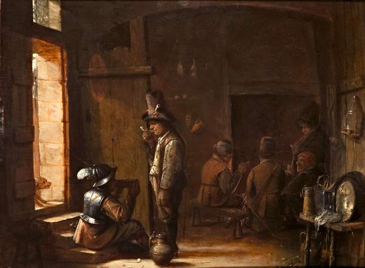 An Interior of an Inn with a Peasant Smoking a Pipe and a Soldier Drinking, other Figures Smoking and Drinking in the Background